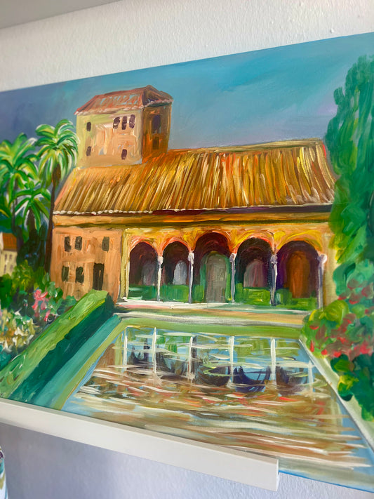 Painting of the Alhambra with reflecting pool and garden