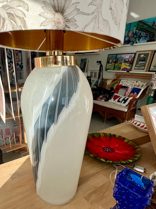 Large glass Italian table lamp with grey floral shade