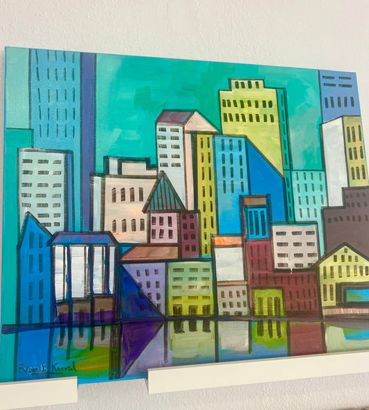 Colorful cityscape painting on a white background
