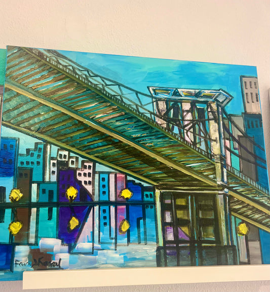 Artistic depiction of a cityscape with a bridge and buildings.