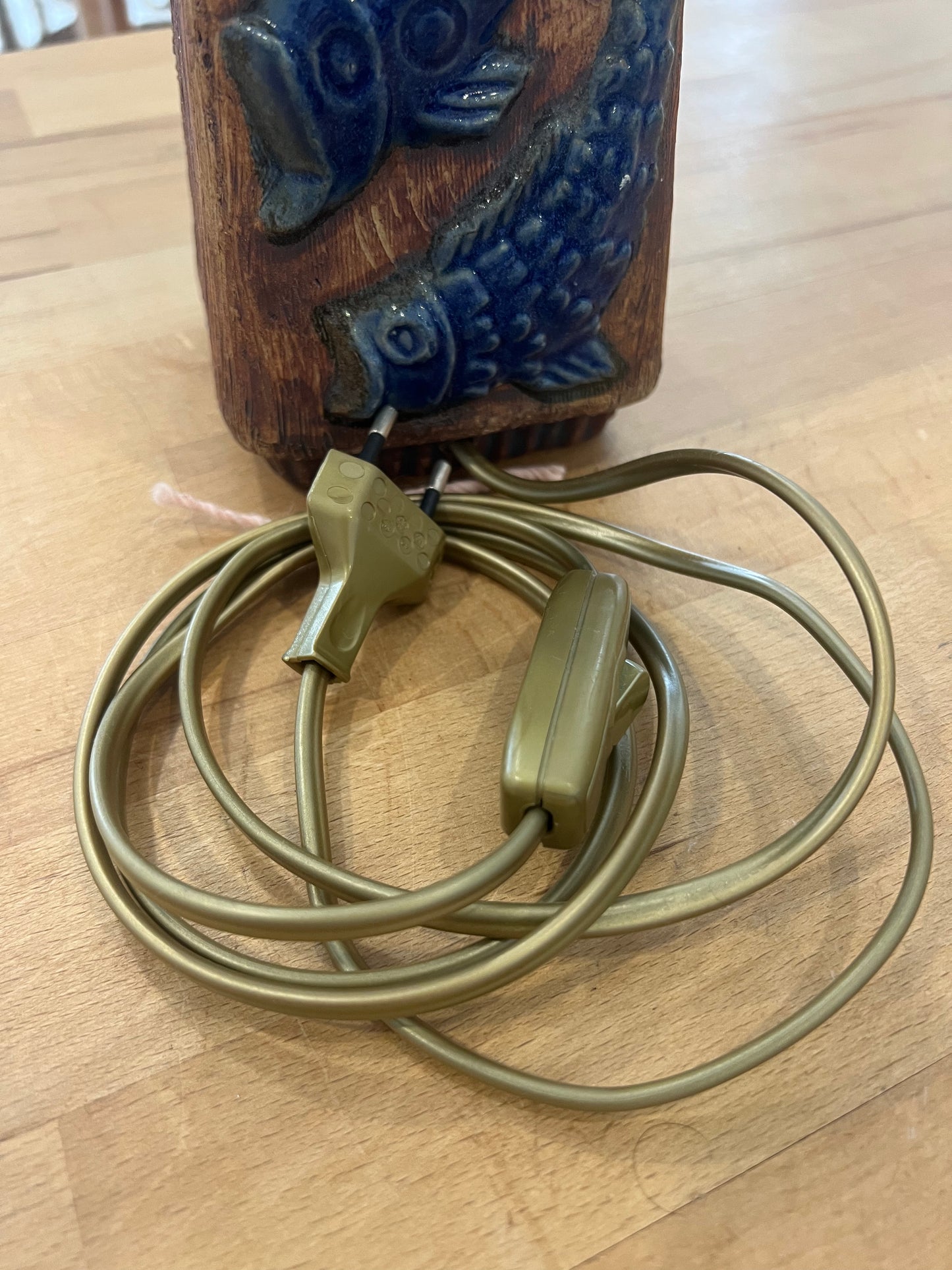 Vintage EGO Stengods Table Lamp, Cobalt Blue Fish Motif Stoneware
