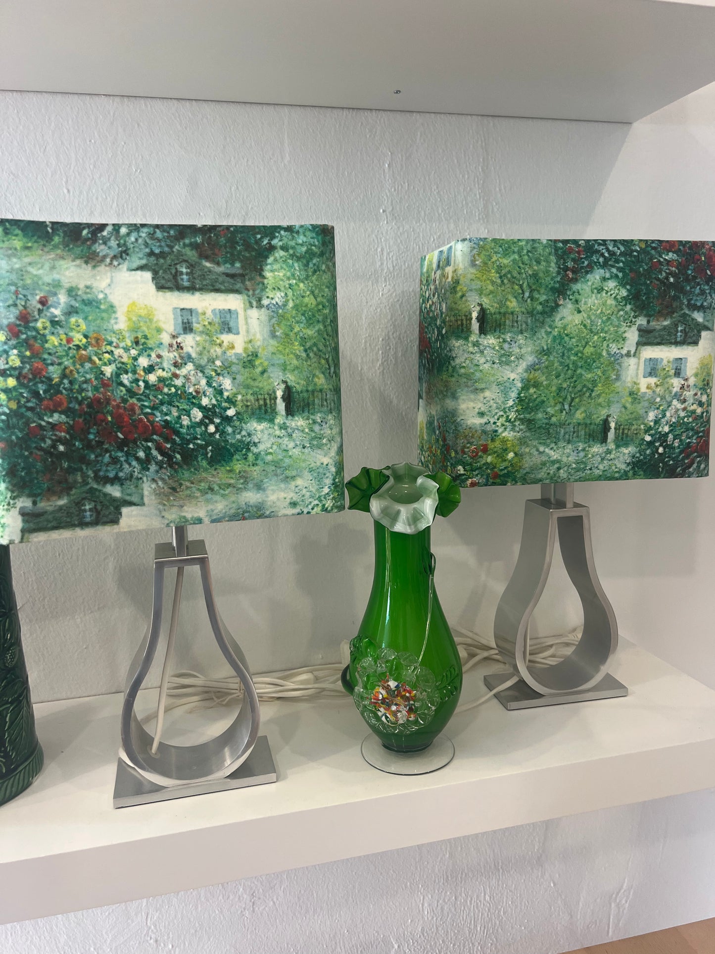 Pair of Retro Table Lamps with Handmade Monet Garden Shades