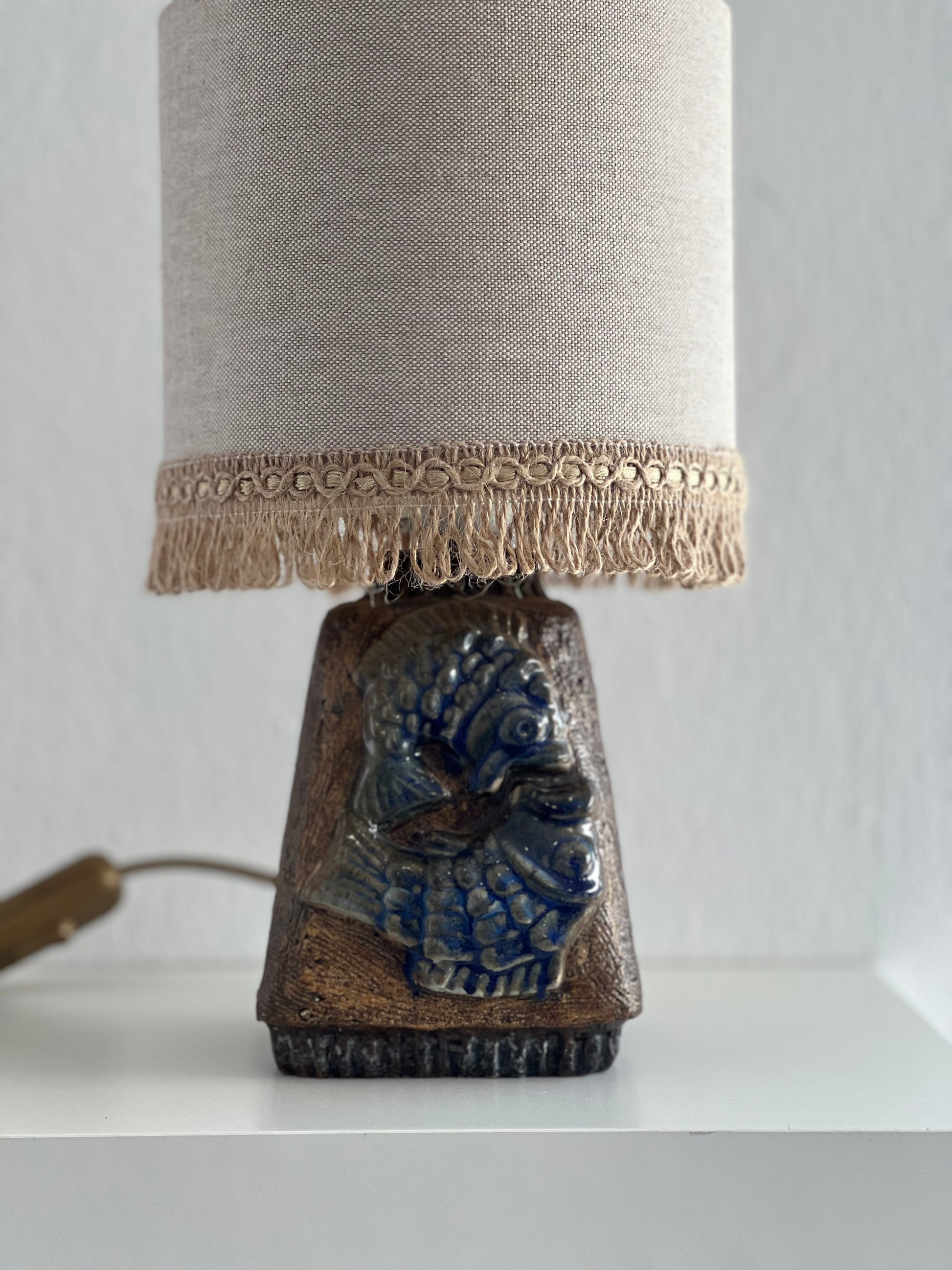 Willy Fischer ceramic lamp base with cream lampshade and fringe