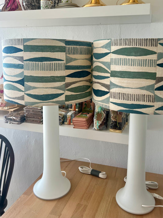 White glass Luxus column lamp bases with blue, grey and teal lampshade