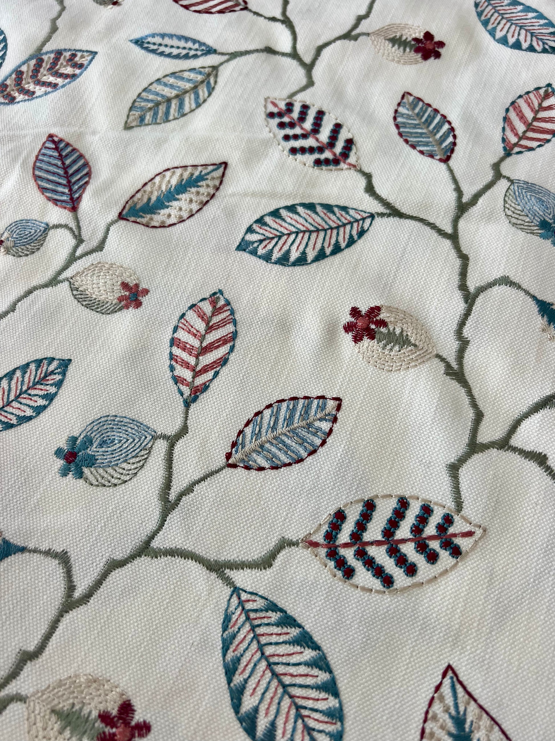 Close-up of fabric with embroidered leaf pattern on a white background