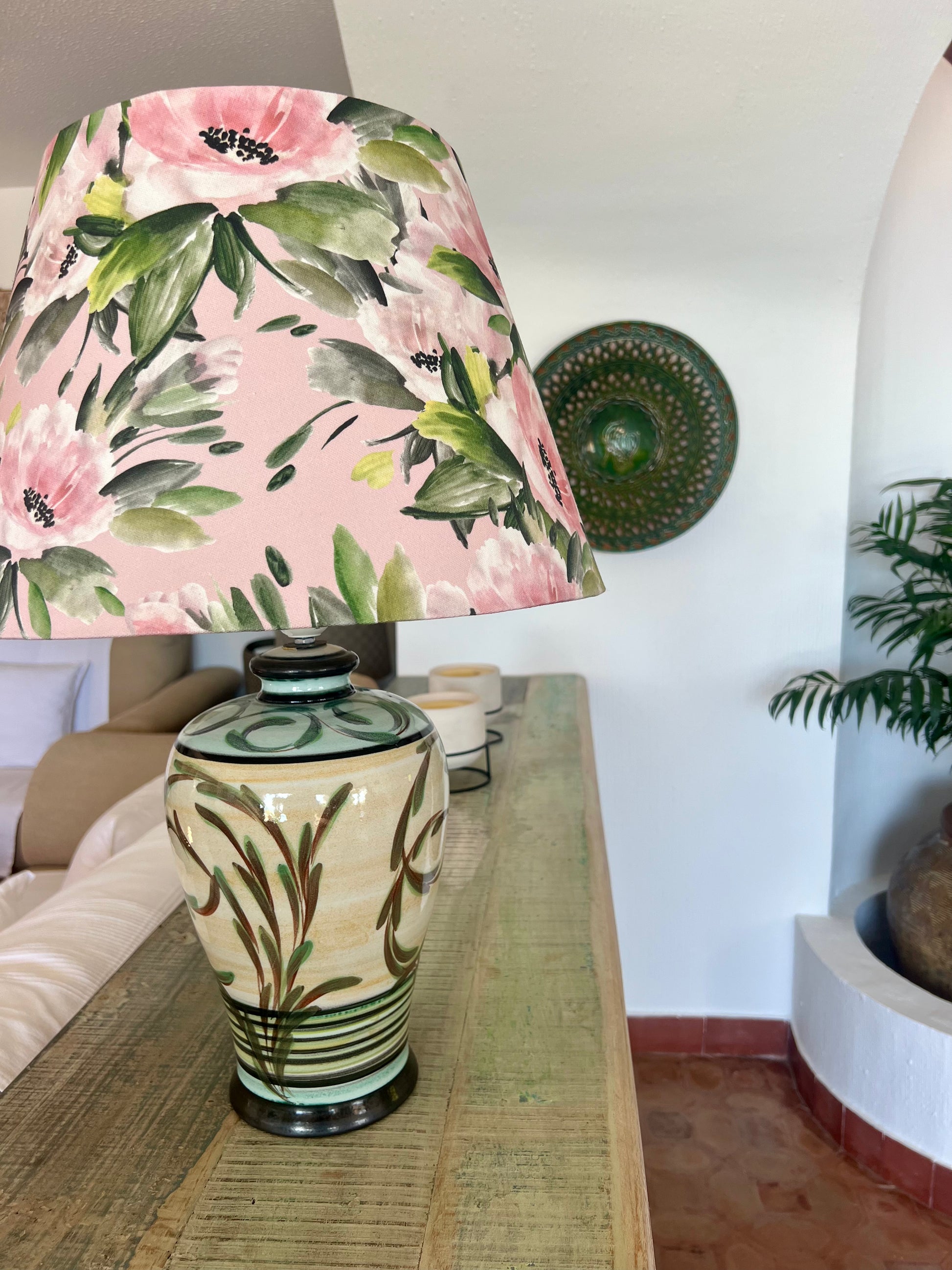 Decorative ceramic table lamp with pink and green floral lampshade