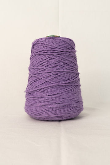 A cone of lilac-colored acrylic tufting yarn.