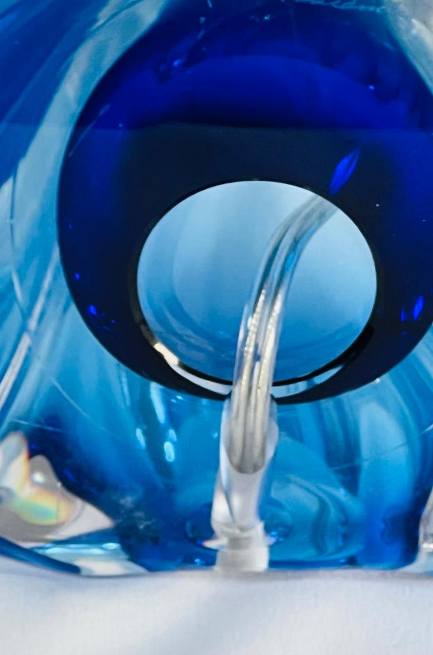 Val St Lambert Signed Blue Glass Swirl Vintage Lamp