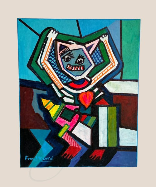 An abstract acrylic painting featuring a colorful depiction of a stylized cat with a human face. Art