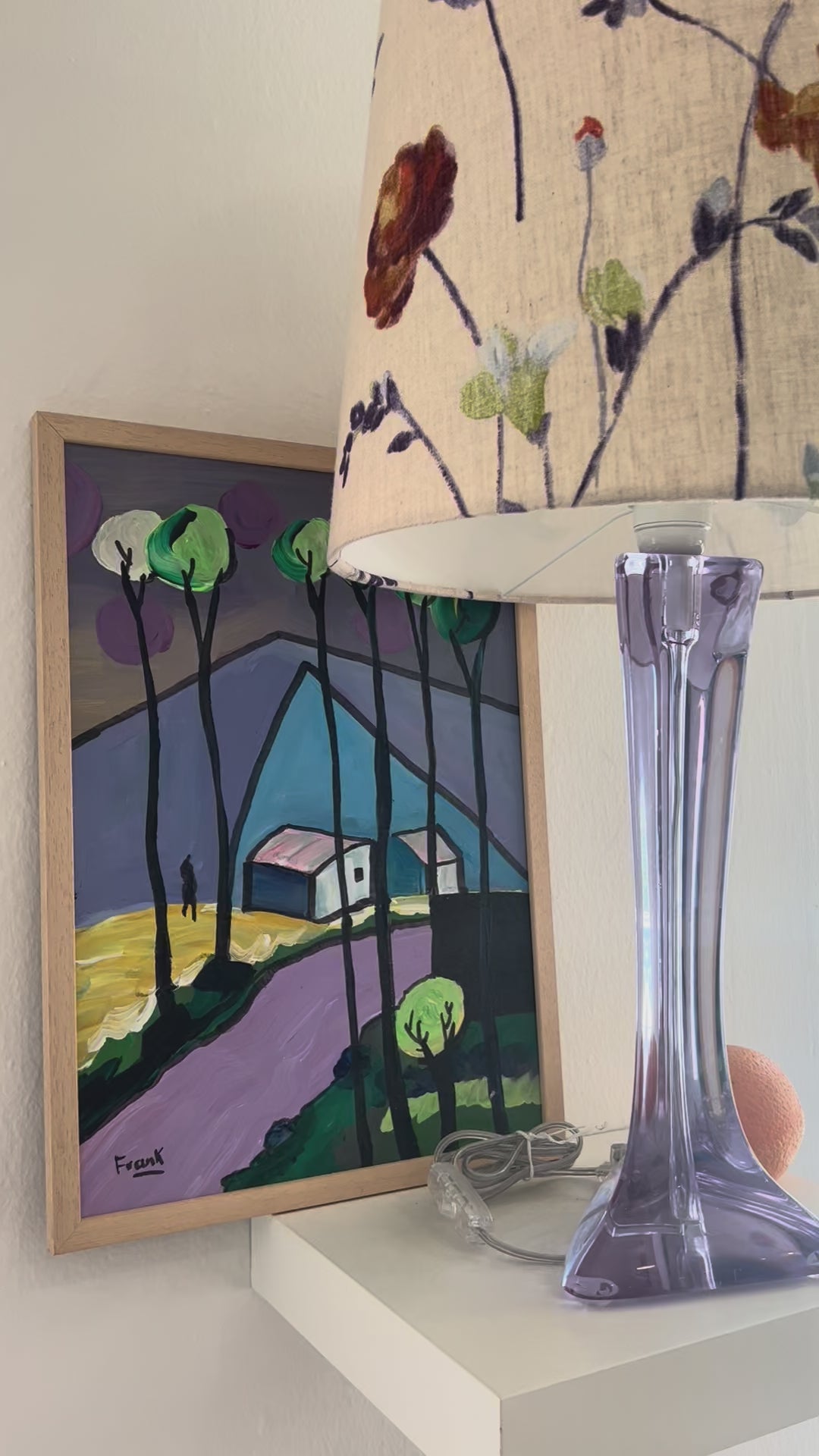 French glass purple vintage lamp base with floral linen lampshade in mauve, rust and beige