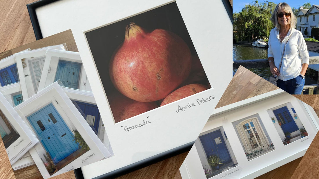 collage of photographic art cards, framed Granada and picture of Annie Peters