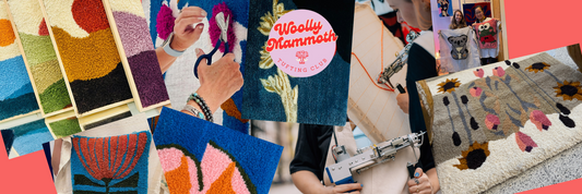 collage of tufted pictures, tufting and rug making with woolly mammoth tufting club logo
