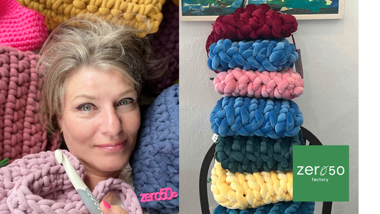 Picture of Barbara from Zero50 Factory surrounded by crocheted bags, and stack of velvet hand knit bags 
