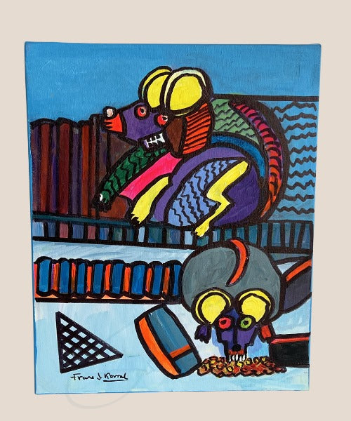 An original acrylic painting featuring a colorful depiction of two cartoon rats with strong outlines and vibrant colors on a blue background.