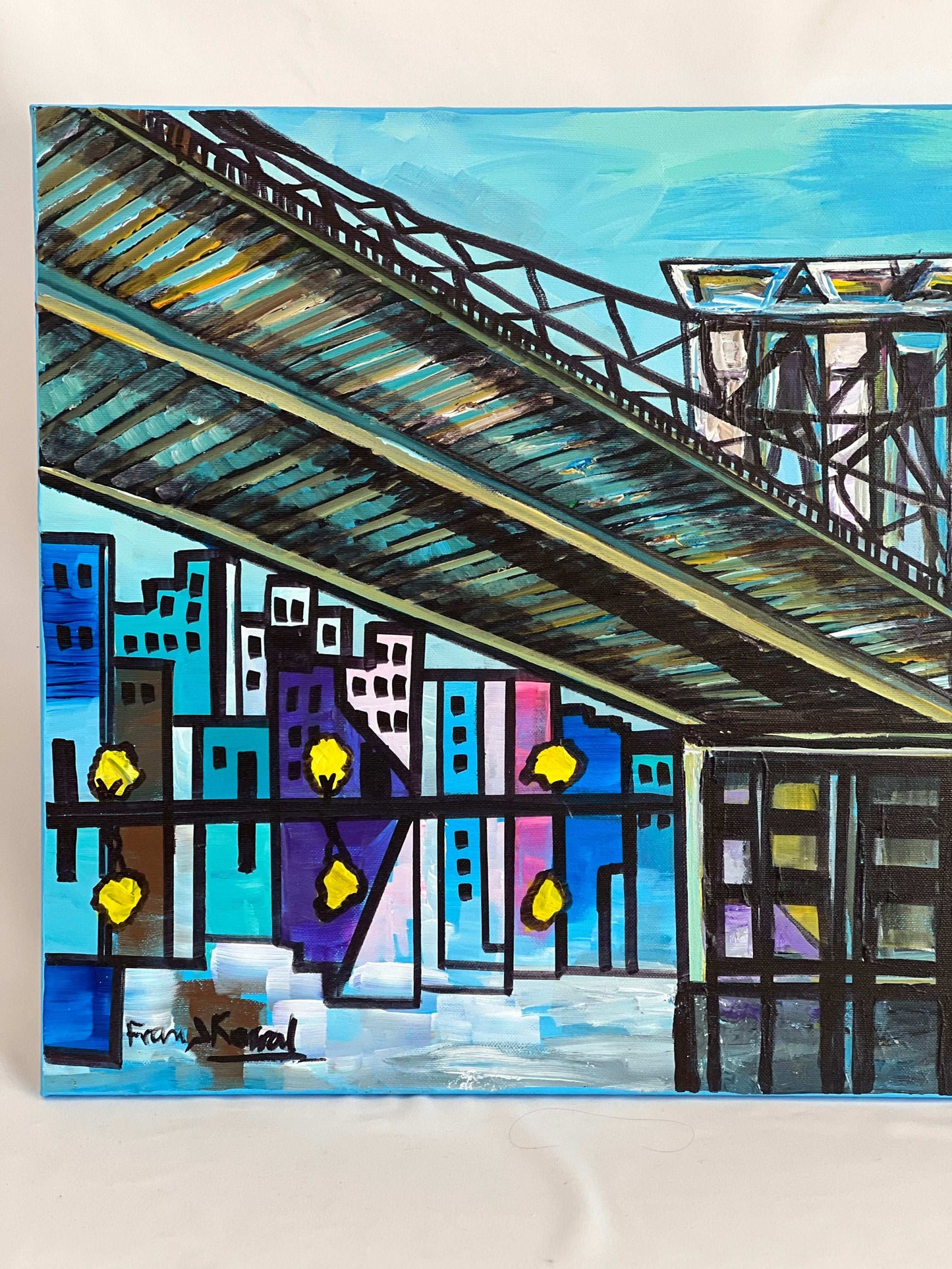 Colorful abstract painting of a cityscape with the Brooklyn Bridge and buildings and lights.