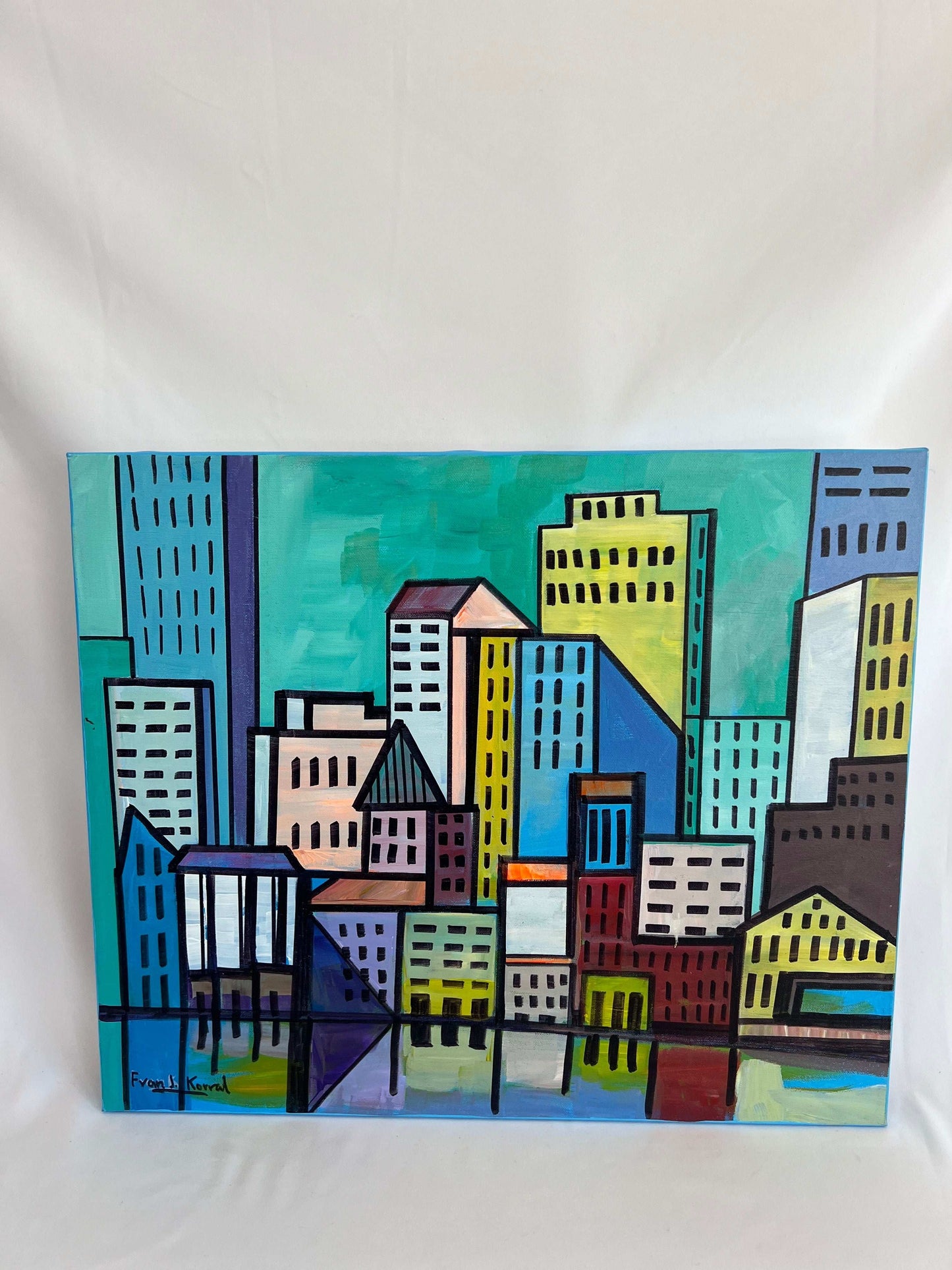 Colorful abstract cityscape painting on a white background