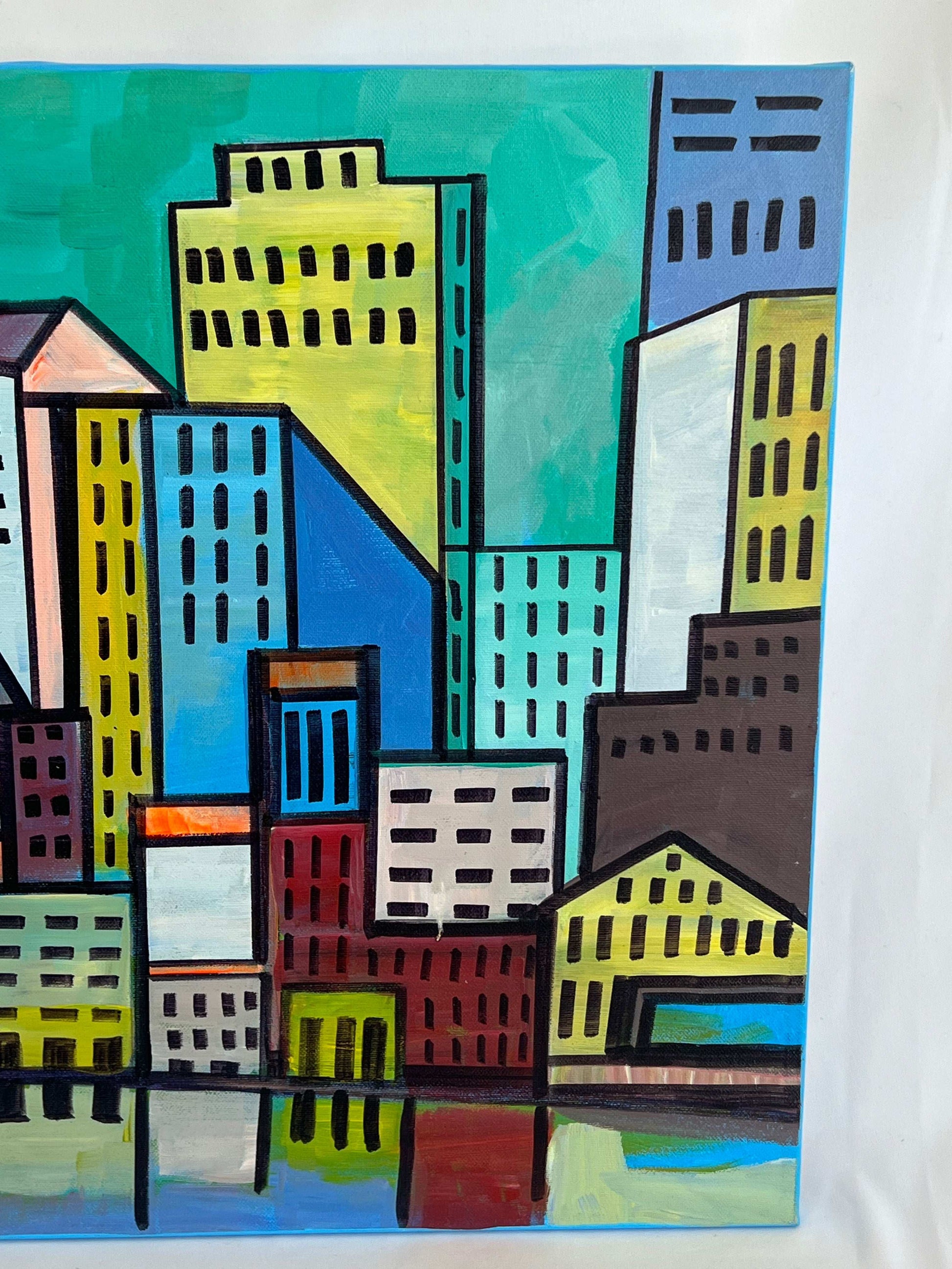 An acrylic painting depicting a stylized city skyline with various buildings in different colors on a blue background.