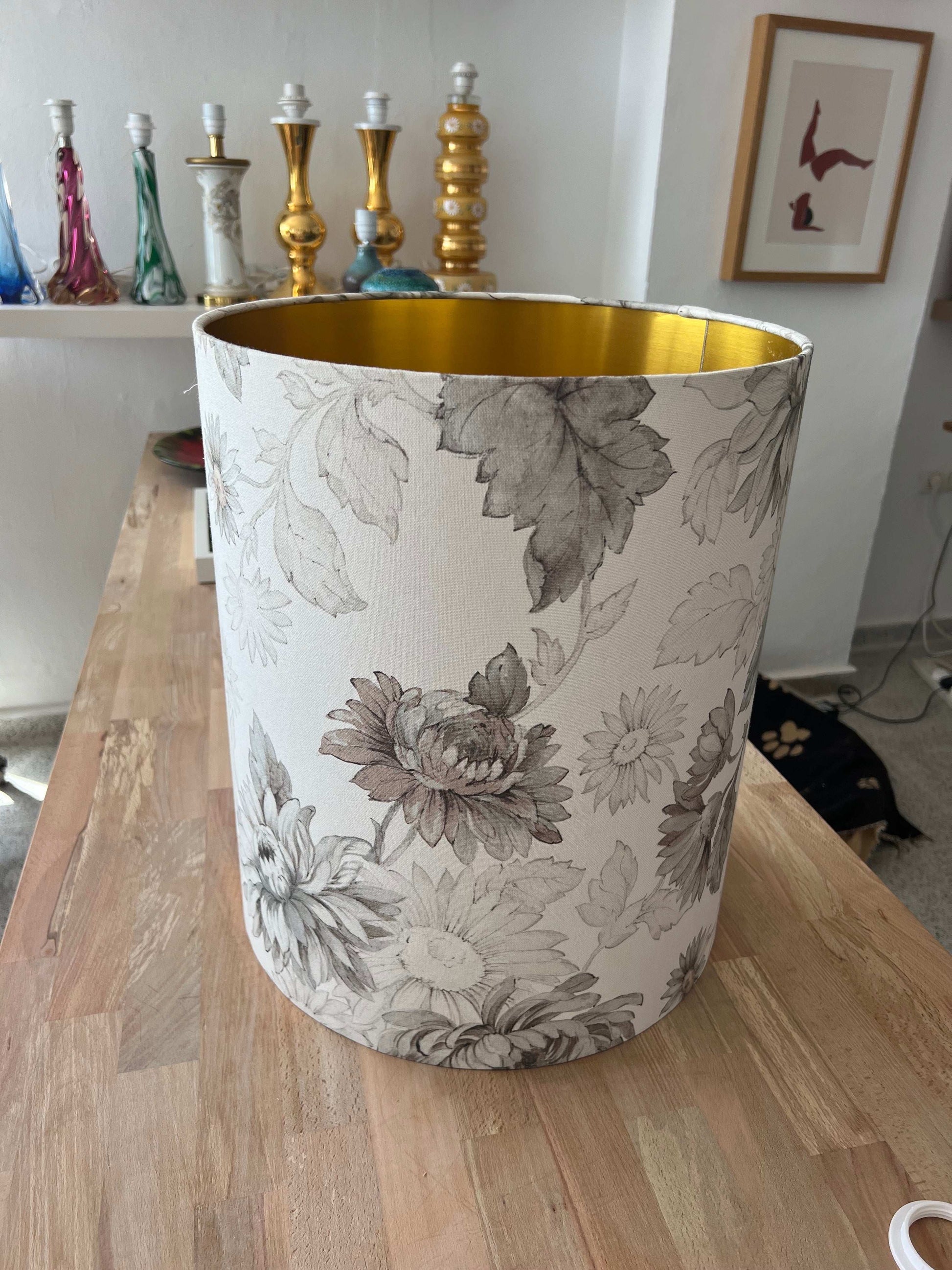 Oversized Grey Floral Lampshade with brushed gold interior