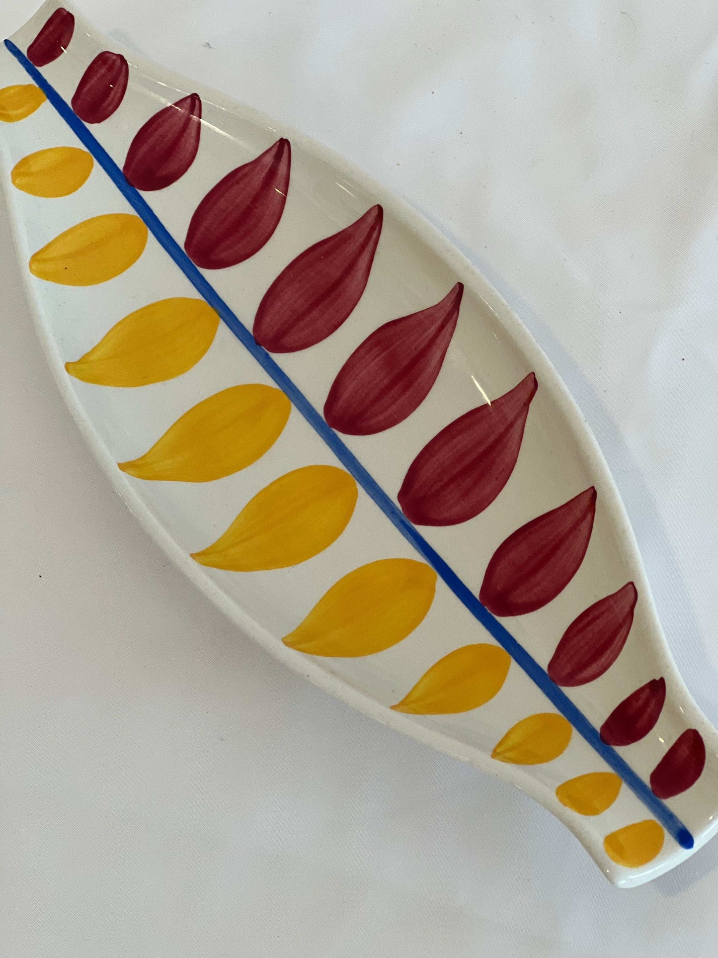 Upsala Ekeby Leaf Motif Dish on white background in red and yellow 