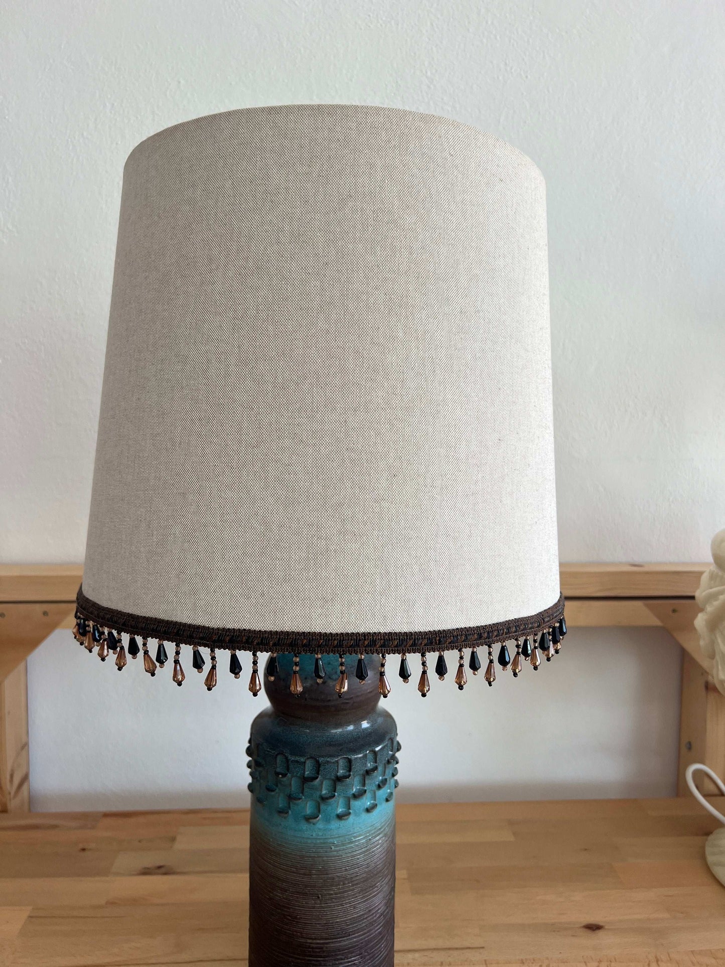 Handmade Oatmeal Lampshade with Sky Blue Lining