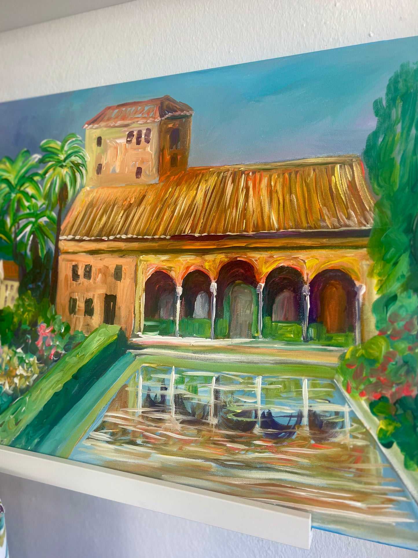 Painting of the Alhambra with reflecting pool and garden