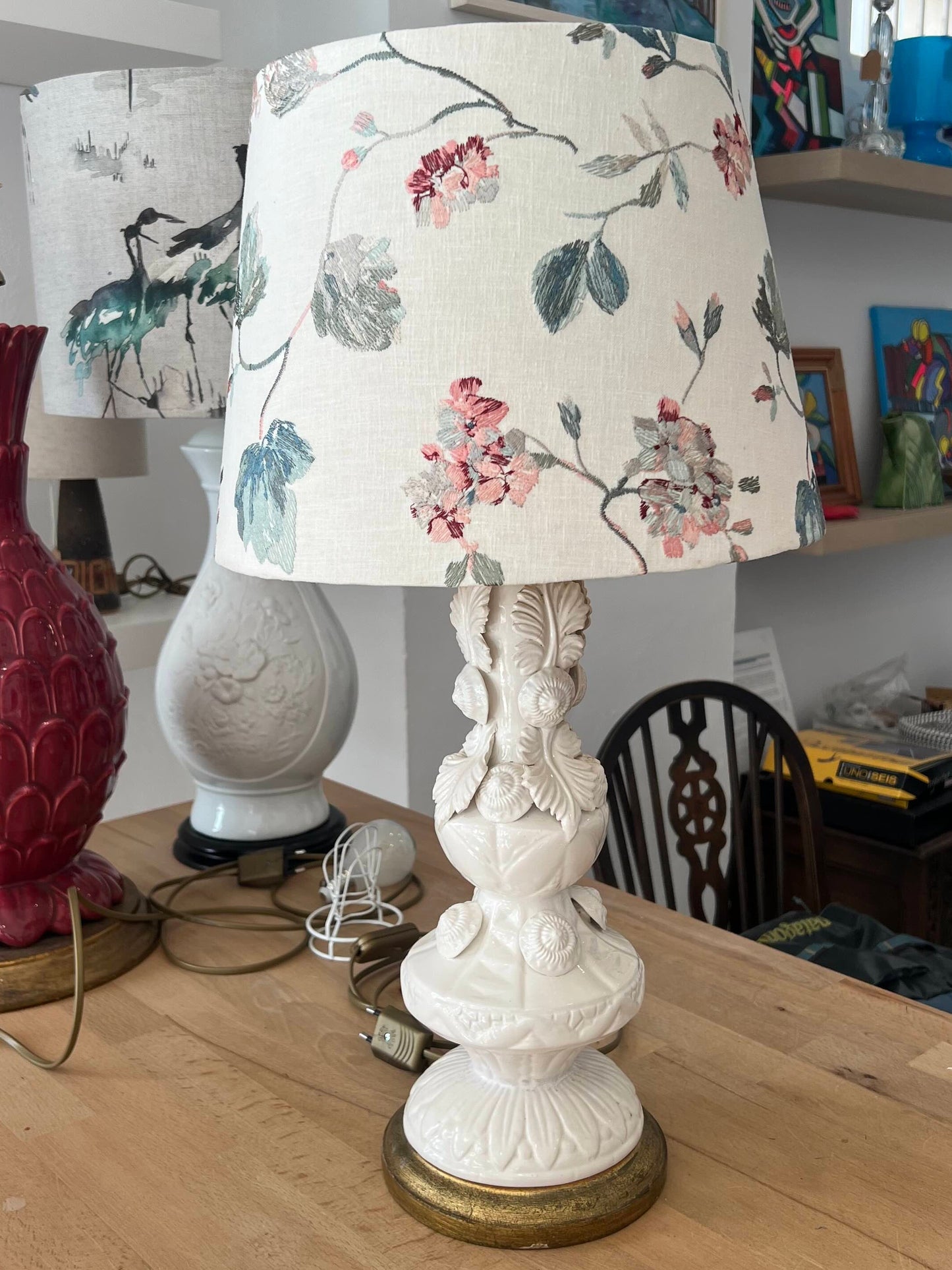 Manises cream ceramic lamp base and embroidered shade