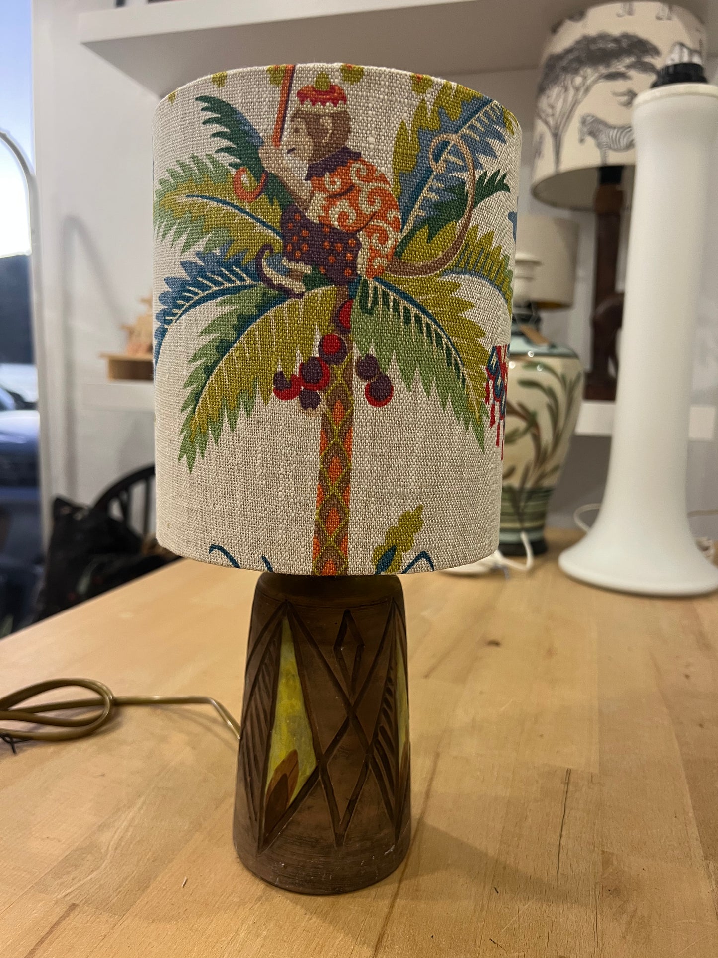 Tilgmans Keramik Table Lamp Base with Monkey Motif Linen Shade