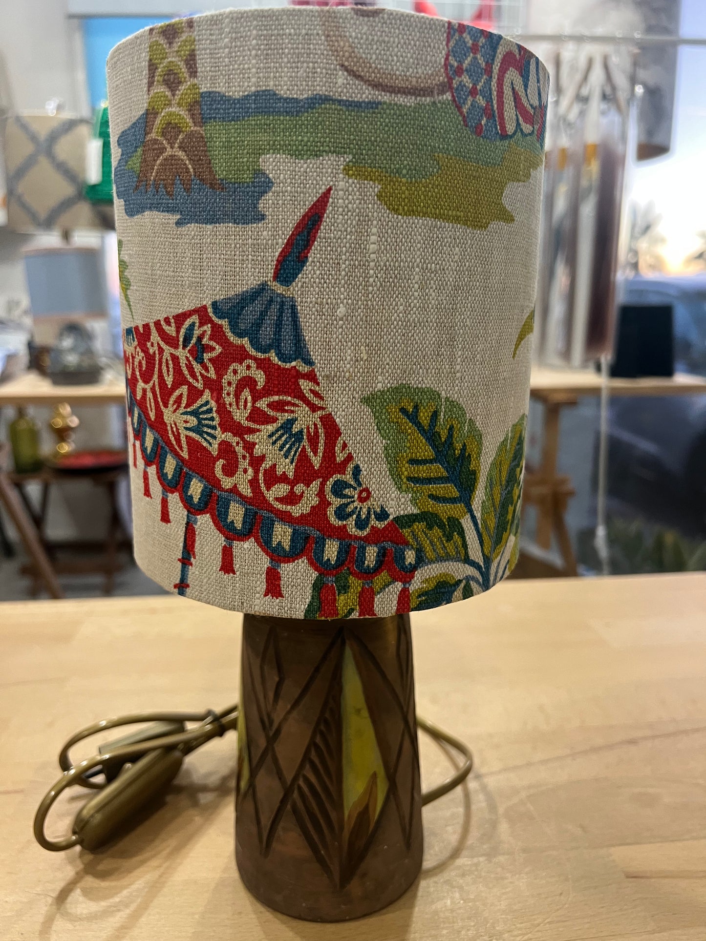 Tilgmans Keramik Table Lamp Base with Monkey Motif Linen Shade