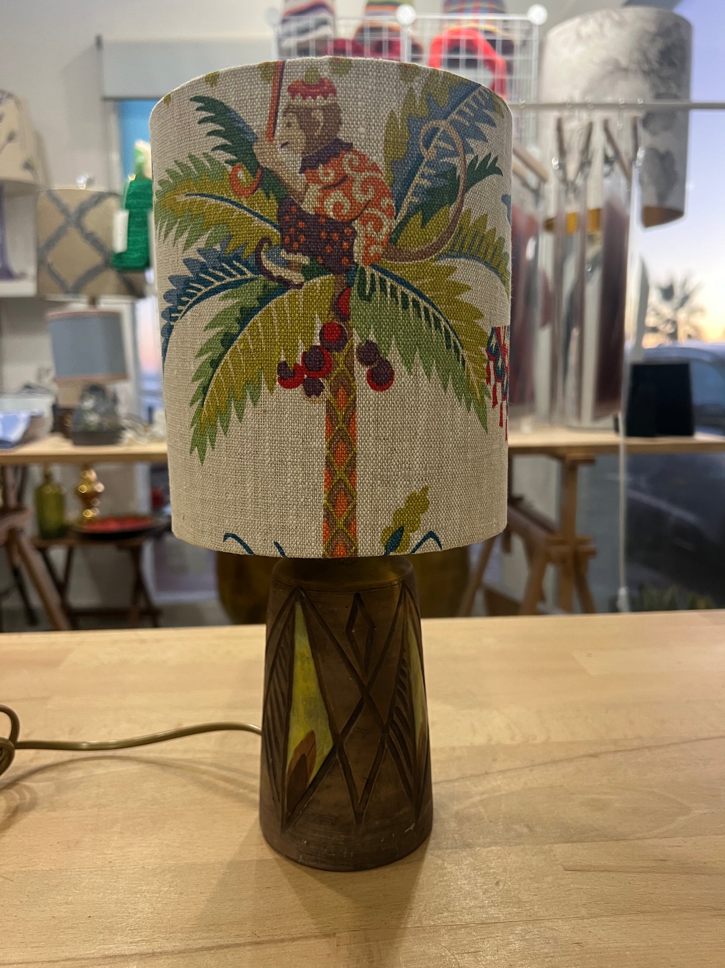 Tilgmans Keramik Table Lamp Base with Monkey Motif Linen Shade