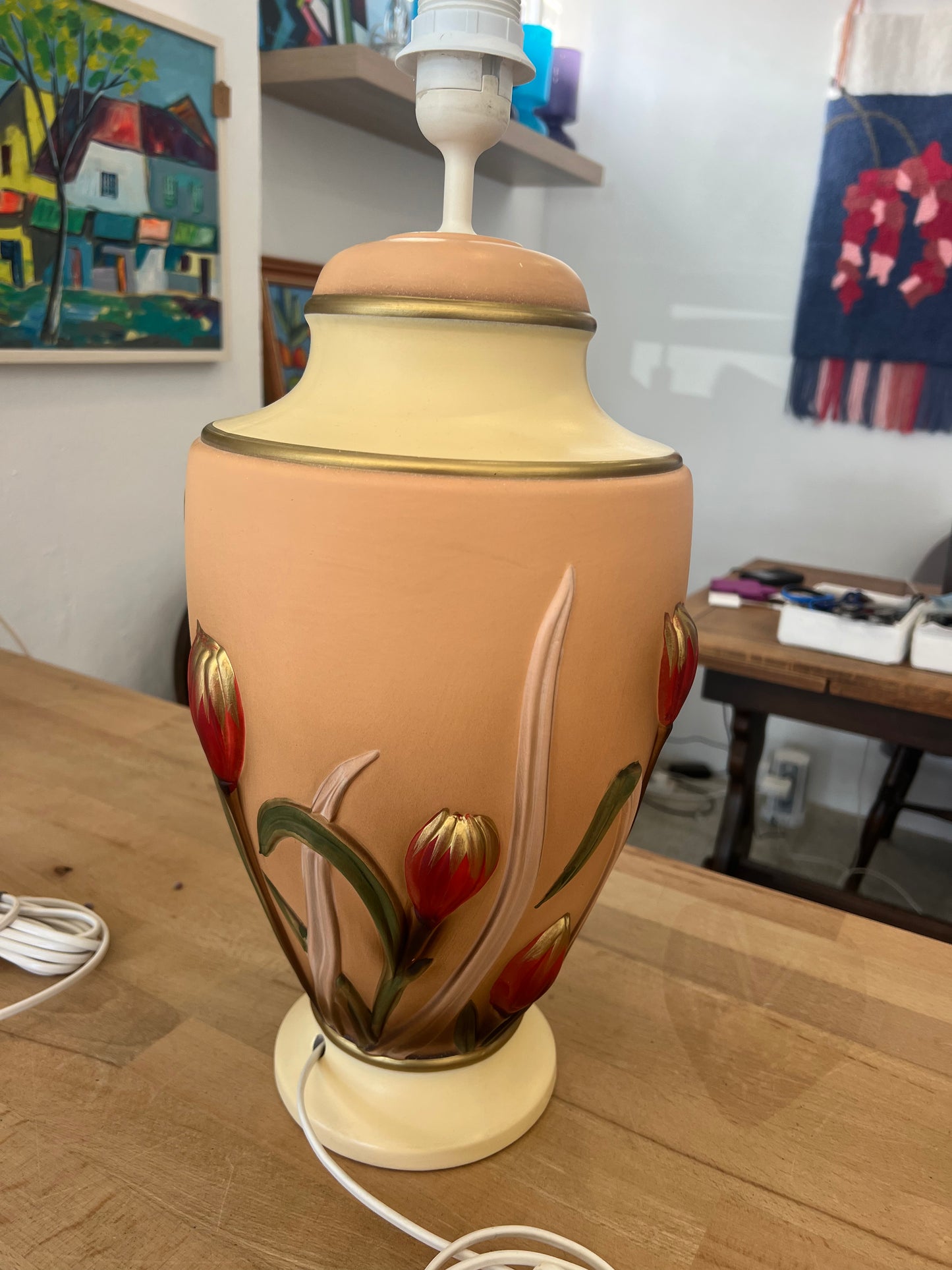 Vintage Italian Ceramic Table Lamp with Raised Tulip Motif