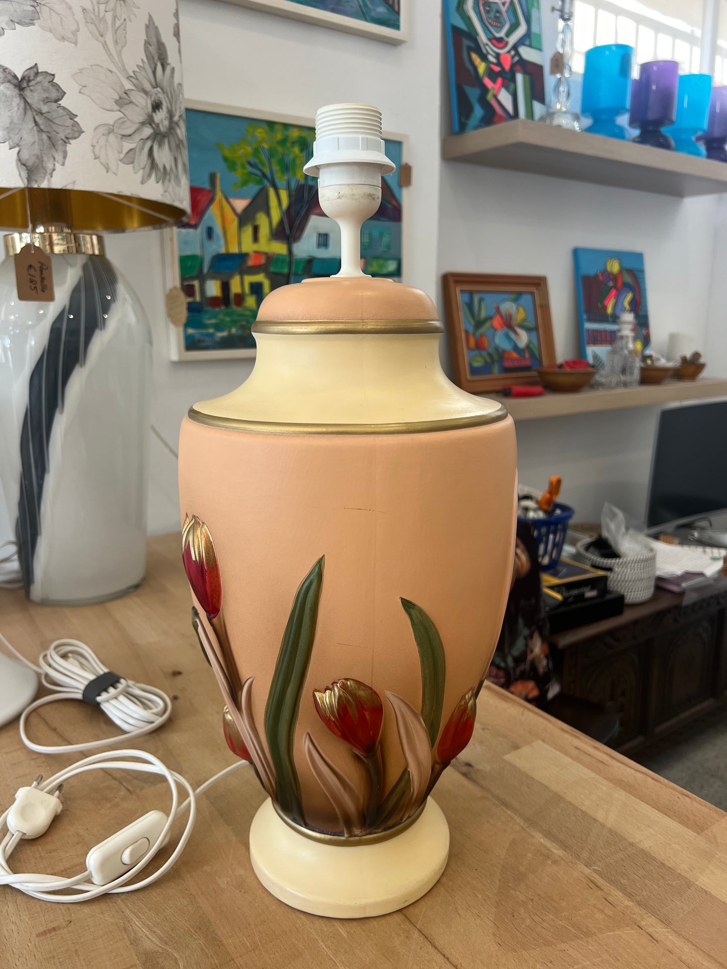 Vintage Italian Ceramic Table Lamp with Raised Tulip Motif