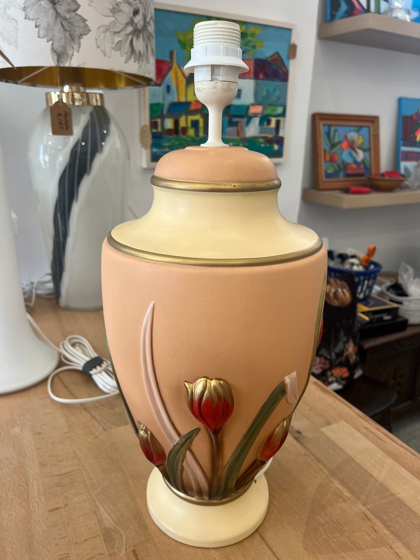 Vintage Italian Ceramic Table Lamp with Raised Tulip Motif