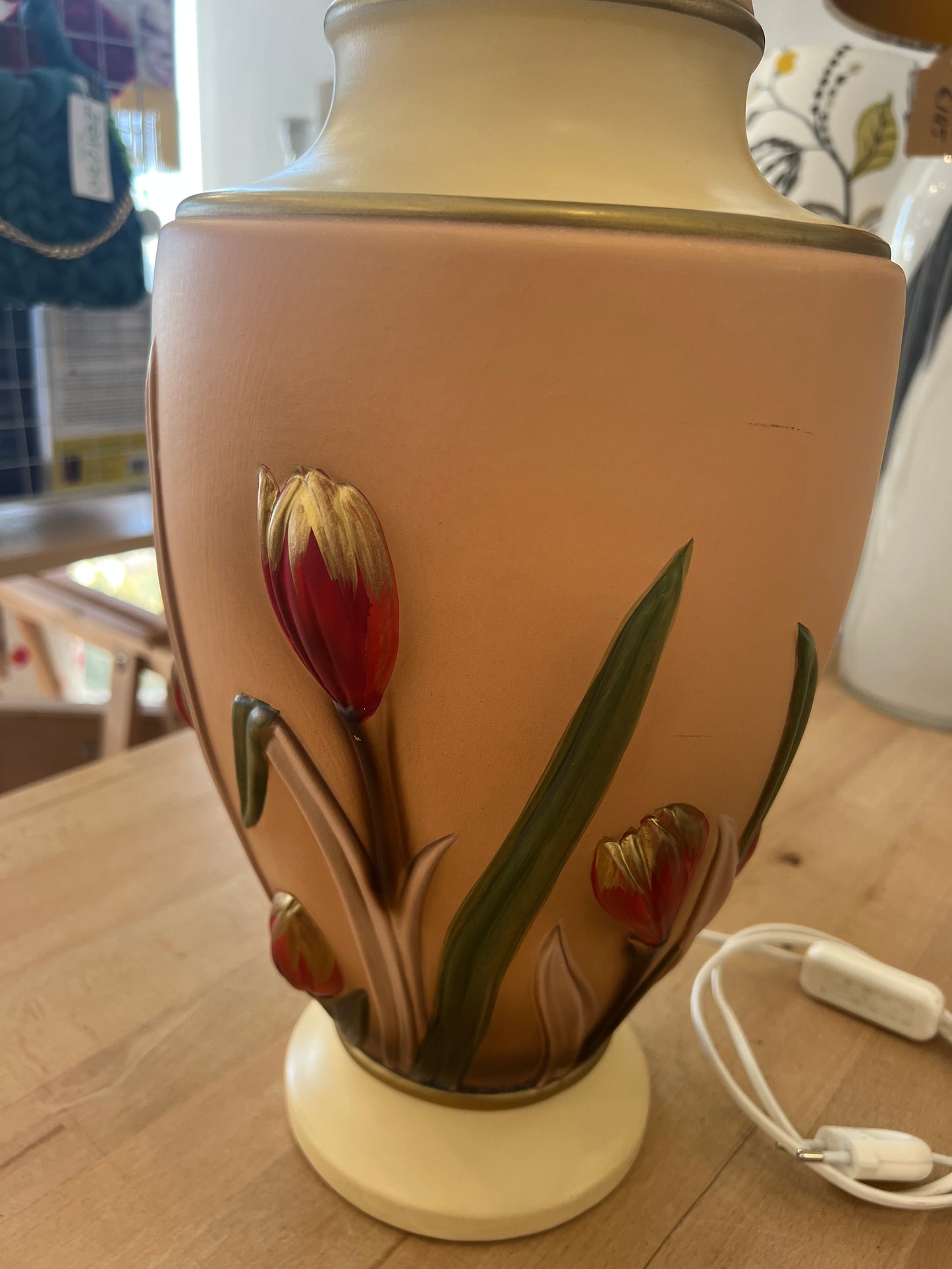 Vintage Italian Ceramic Table Lamp with Raised Tulip Motif