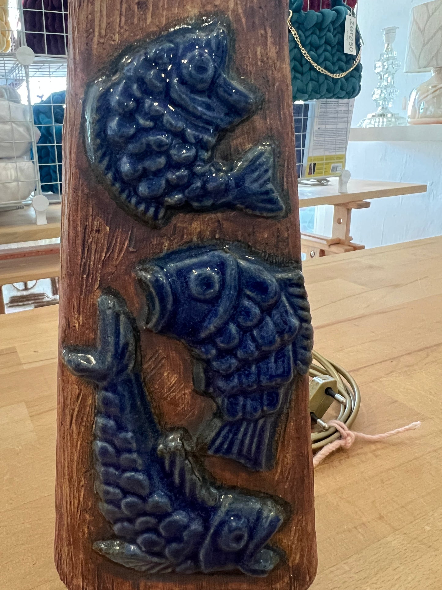 Vintage EGO Stengods Table Lamp, Cobalt Blue Fish Motif Stoneware