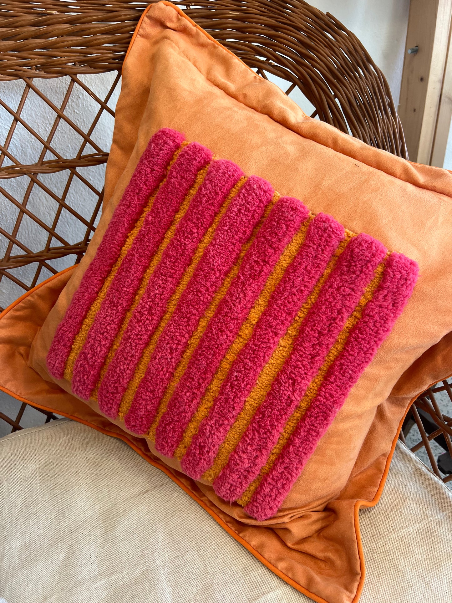 Raspberry Stripped Tufted Cushion