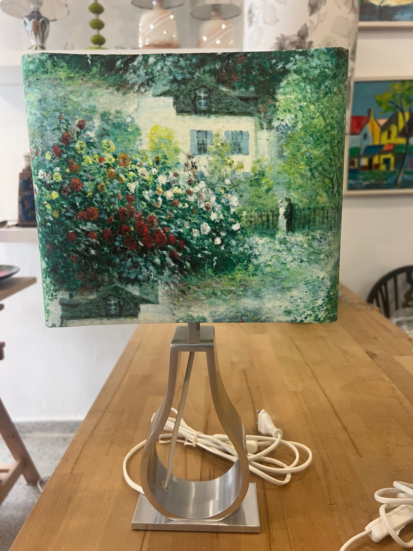 Pair of Retro Table Lamps with Handmade Monet Garden Shades