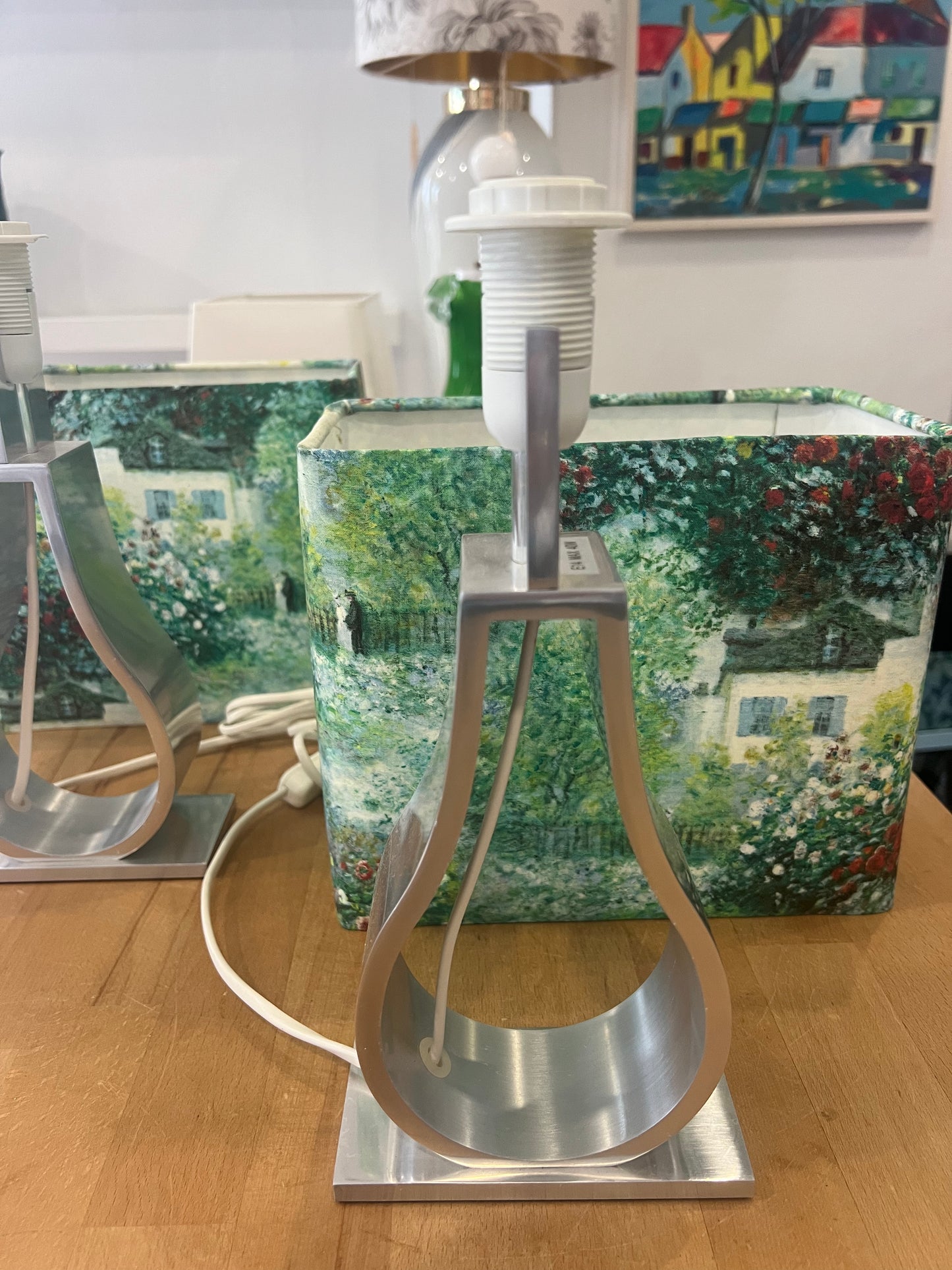 Pair of Retro Table Lamps with Handmade Monet Garden Shades