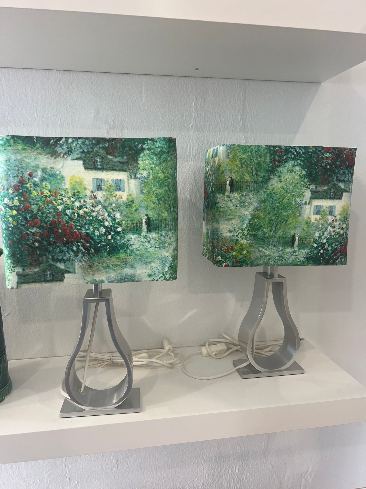 Pair of Retro Table Lamps with Handmade Monet Garden Shades