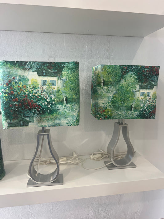 Pair of Retro Table Lamps with Handmade Monet Garden Shades