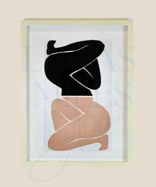 A framed artwork depicting a stylized, chocolate and cream monochrome illustration of a woman's torso with nature-inspired patterns.