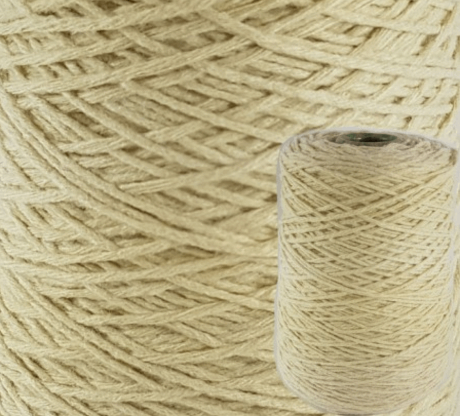 A bone cone of acrylic yarn for tufting, with a close-up section showing the texture of the yarn.